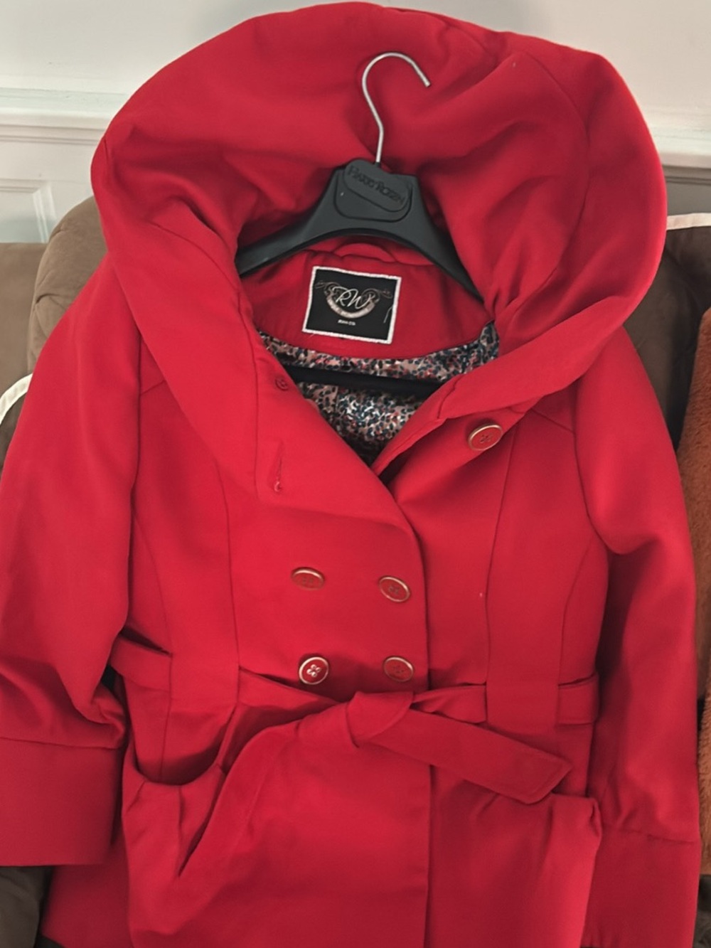 RW&CO. Red Double-Breasted Hooded Pea Coat with Belt